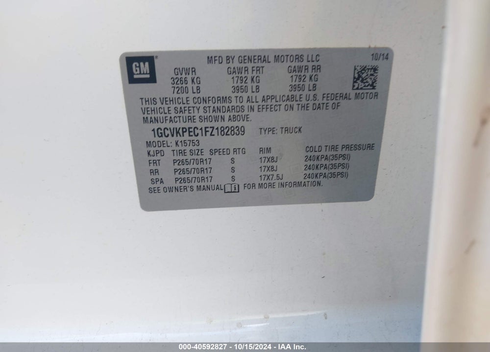 2015 CHEVROLET SILVERADO 1500 VIN: 1GCVKPEC1FZ182839