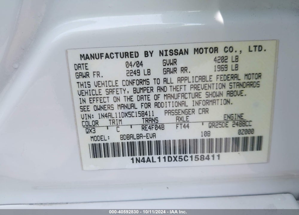 2005 NISSAN ALTIMA 2.5 S VIN: 1N4AL11DX5C158411