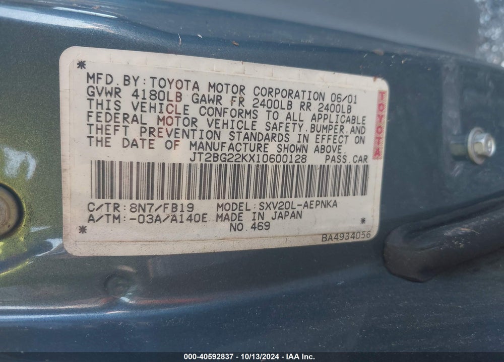 2001 TOYOTA CAMRY LE VIN: JT2BG22KX10600128