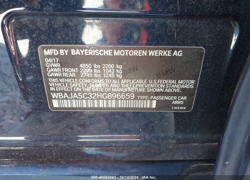 2017 BMW 530I VIN: WBAJA5C32HG896659