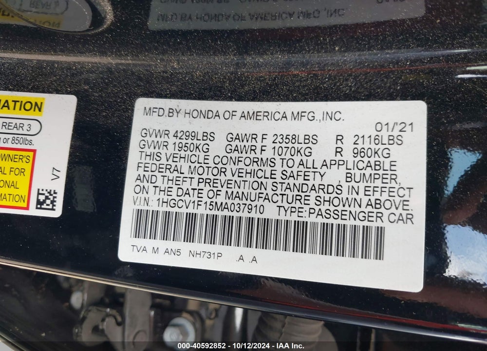 2021 HONDA ACCORD LX VIN: 1HGCV1F15MA037910