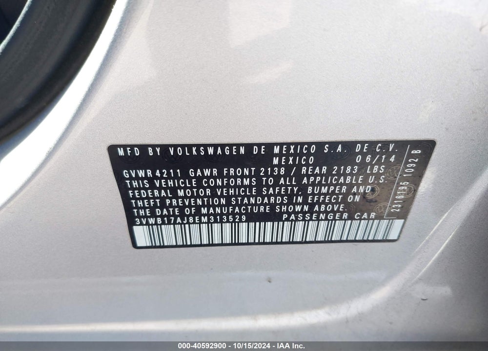 2014 VOLKSWAGEN JETTA 1.8T SE VIN: 3VWB17AJ8EM313529