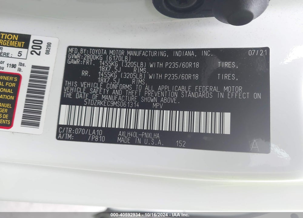 2021 TOYOTA SIENNA LIMITED VIN: 5TDZRKEC9MS061314
