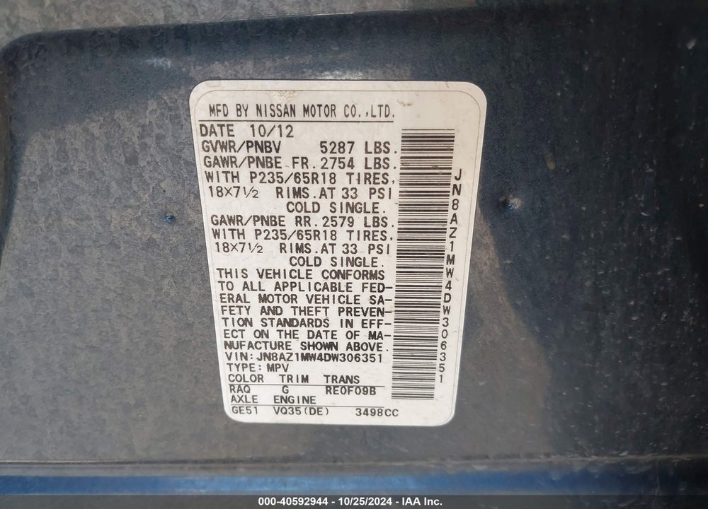 2013 NISSAN MURANO S VIN: JN8AZ1MW4DW306351
