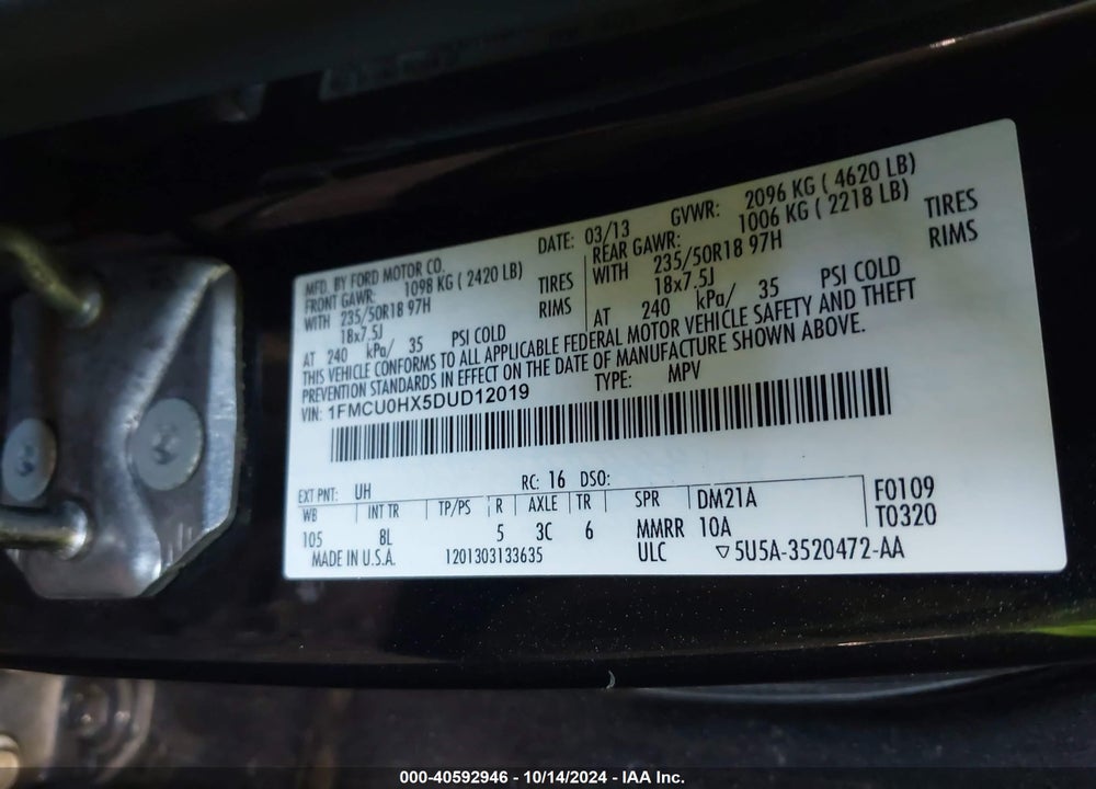 2013 FORD ESCAPE SEL VIN: 1FMCU0HX5DUD12019