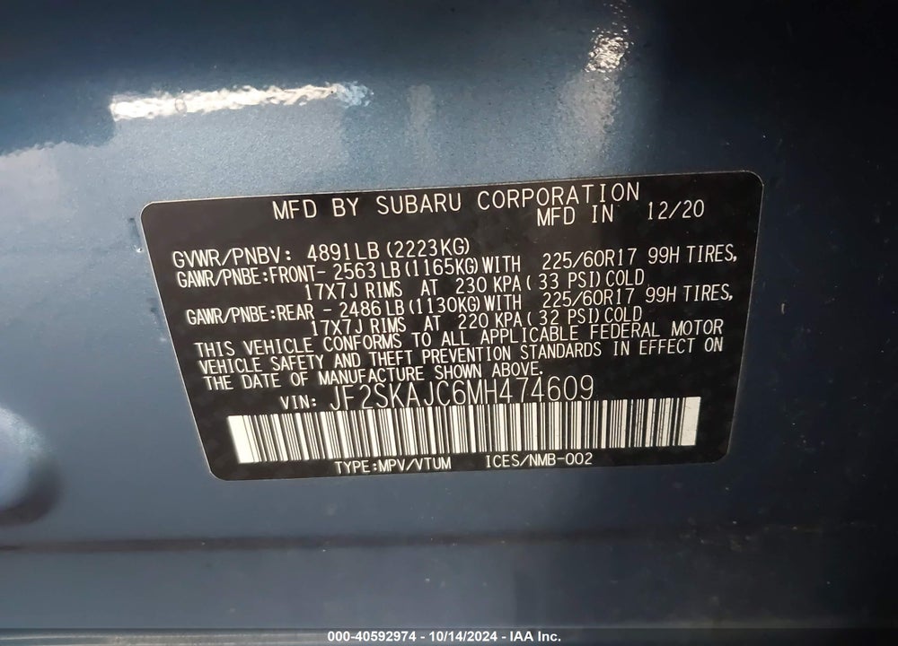 2021 SUBARU FORESTER PREMIUM VIN: JF2SKAJC6MH474609