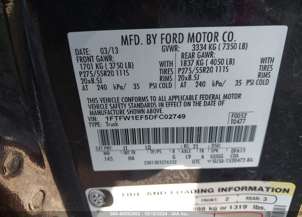 2013 FORD F-150 LARIAT VIN: 1FTFW1EF5DFC02749
