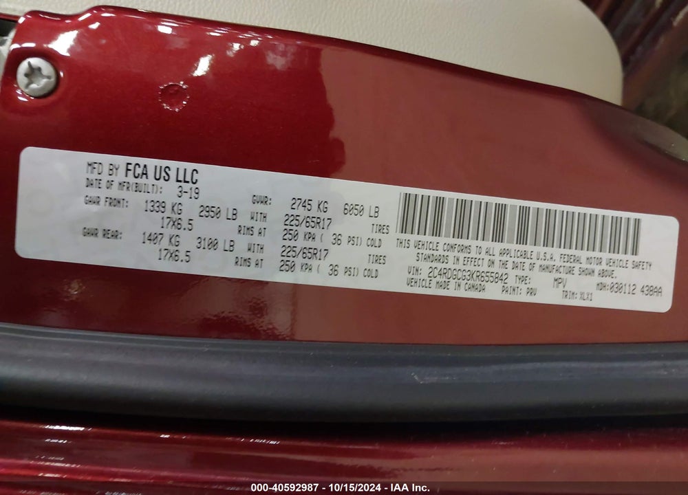 2019 DODGE GRAND CARAVAN SXT VIN: 2C4RDGCG3KR655842