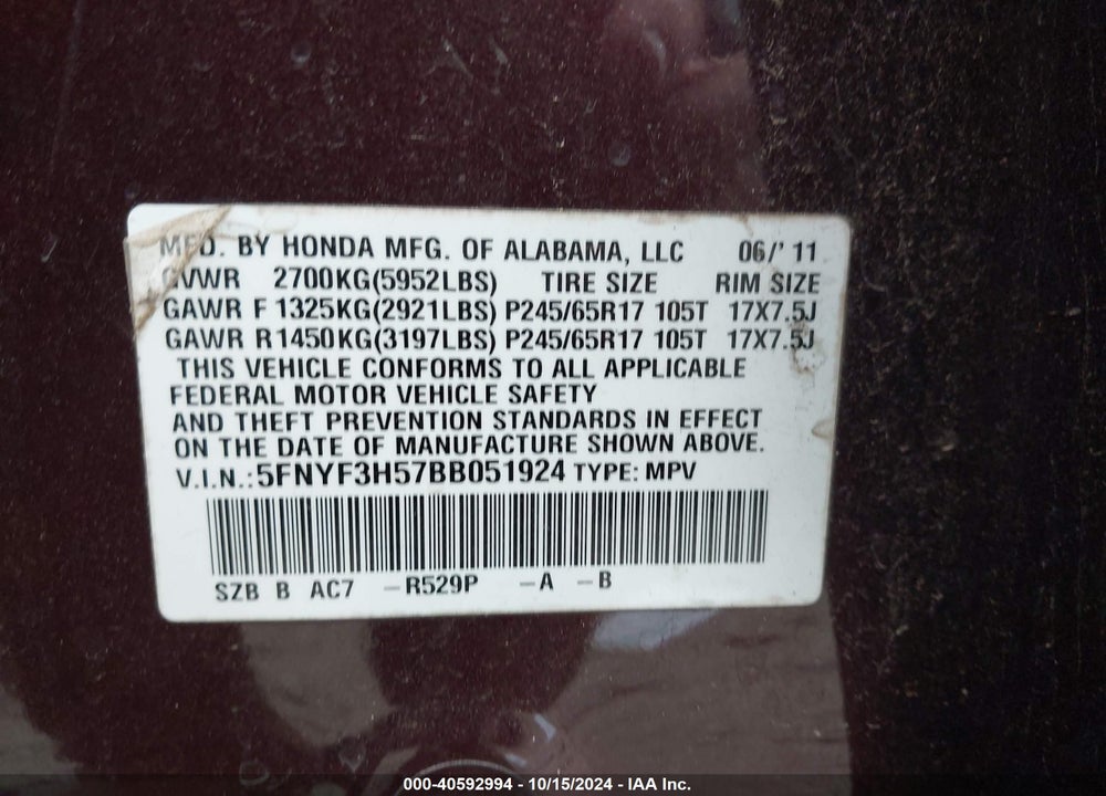 2011 HONDA PILOT EX-L VIN: 5FNYF3H57BB051924