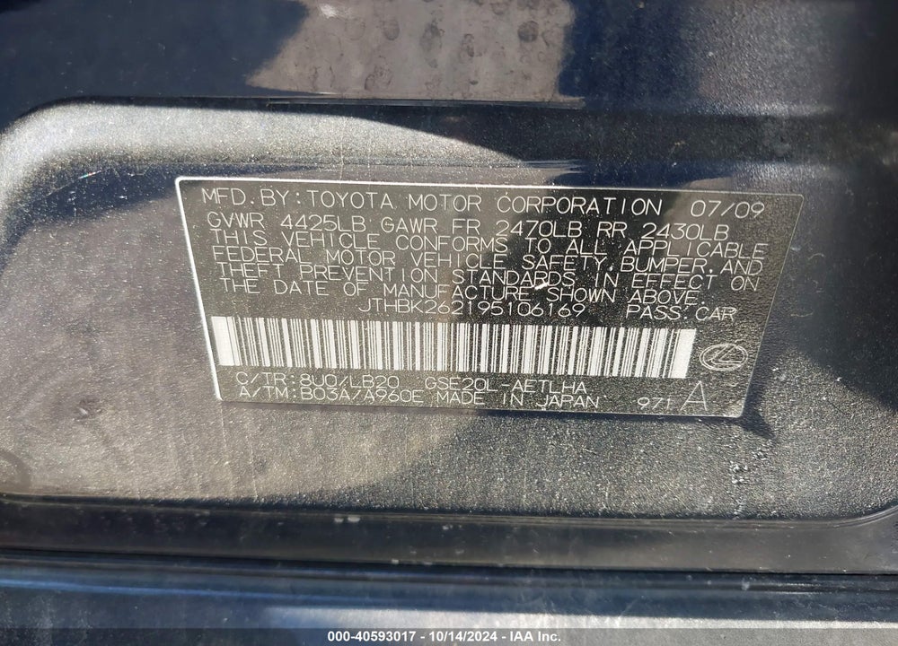 2009 LEXUS IS 250 VIN: JTHBK262195106169