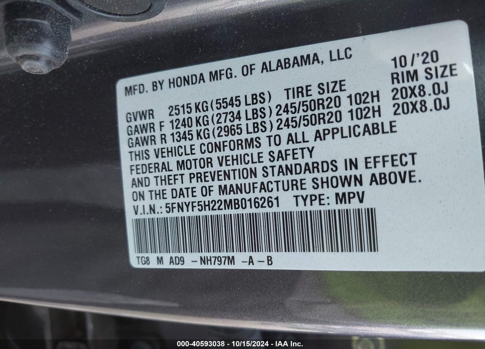 2021 HONDA PILOT 2WD SPECIAL EDITION VIN: 5FNYF5H22MB016261