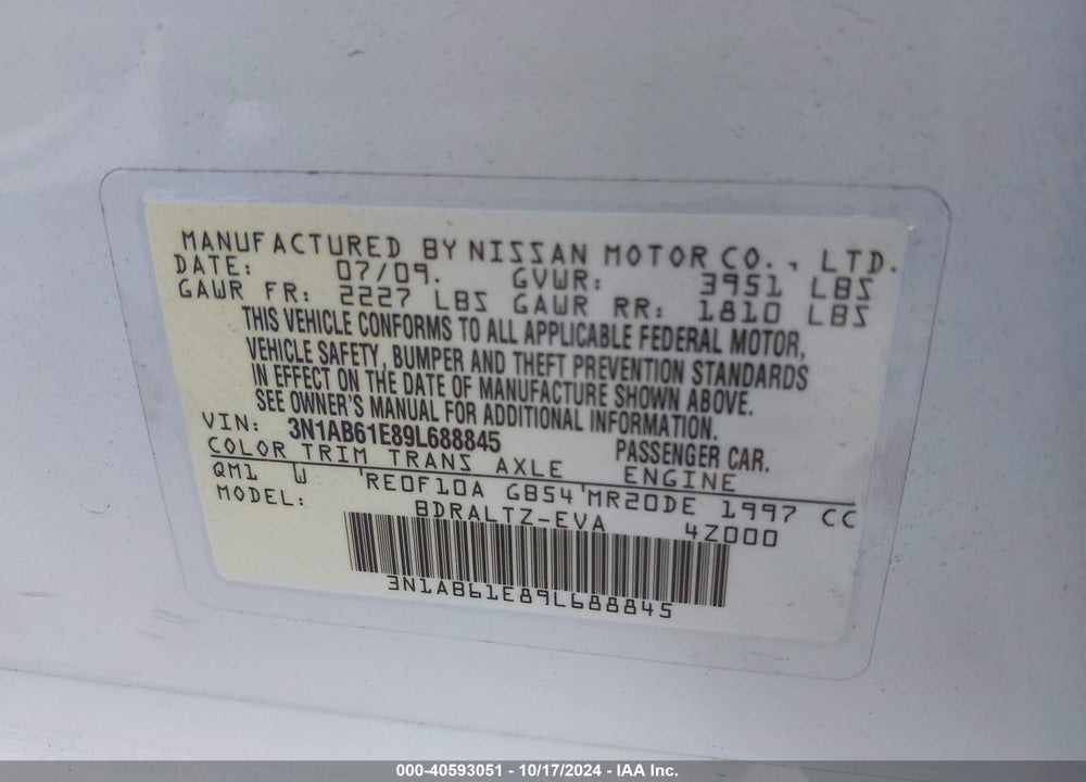 2009 NISSAN SENTRA 2.0SR VIN: 3N1AB61E89L688845
