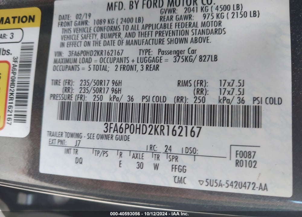 2019 FORD FUSION SE VIN: 3FA6P0HD2KR162167