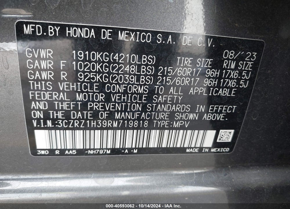2024 HONDA HR-V 2WD LX VIN: 3CZRZ1H39RM719818
