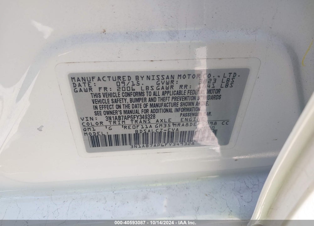 2015 NISSAN SENTRA S VIN: 3N1AB7AP6FY349328