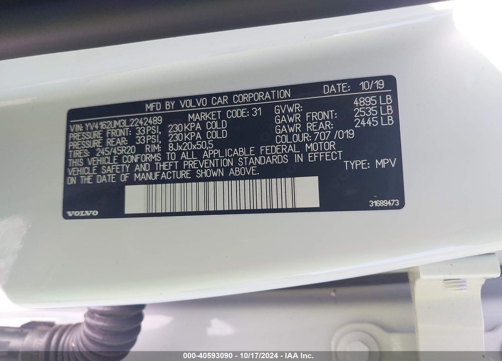 2020 VOLVO XC40 T5 R-DESIGN VIN: YV4162UM3L2242489