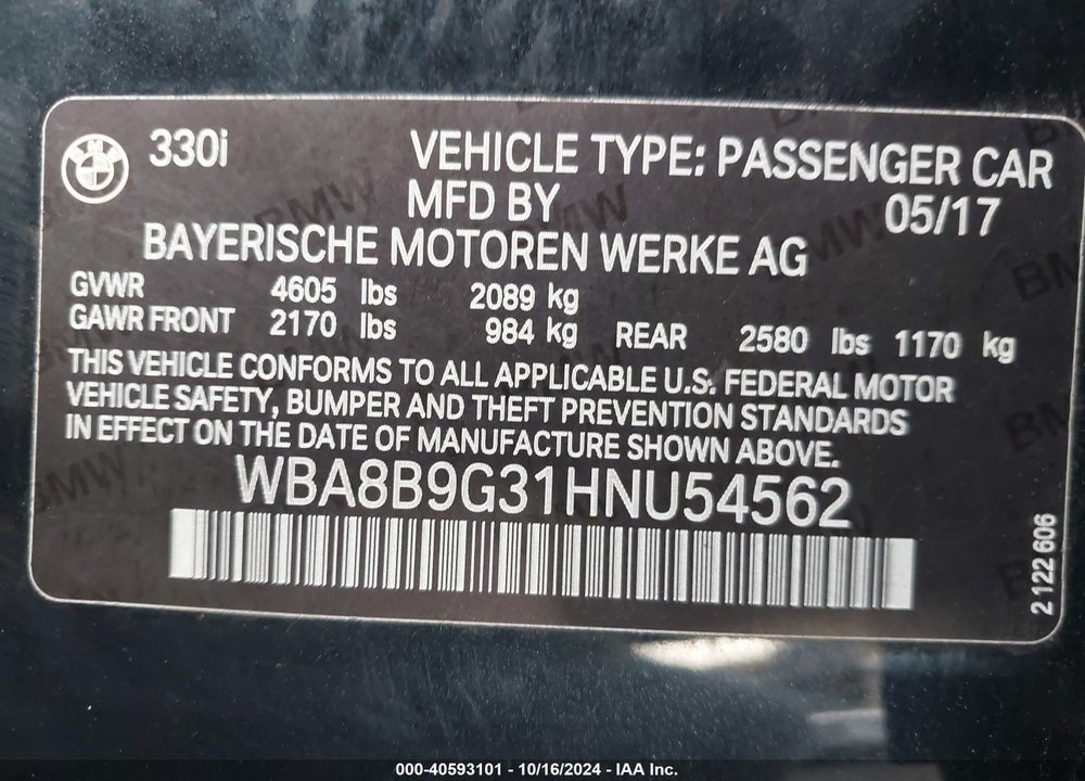 2017 BMW 330I VIN: WBA8B9G31HNU54562