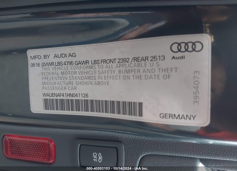 2017 AUDI A4 2.0T PREMIUM VIN: WAUENAF41HN041126