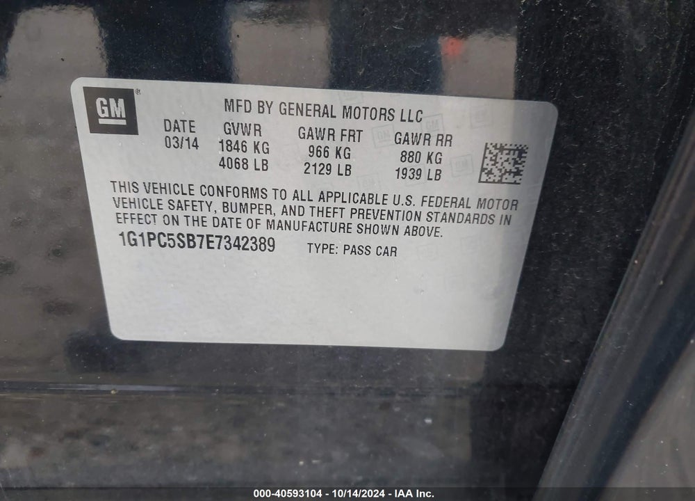 2014 CHEVROLET CRUZE 1LT AUTO VIN: 1G1PC5SB7E7342389