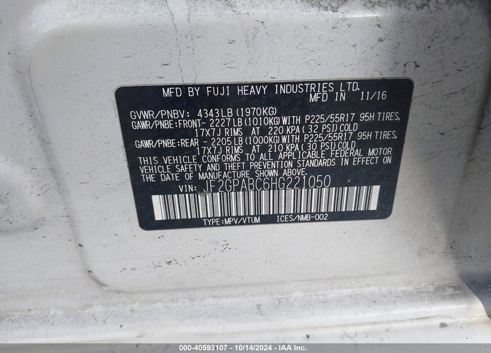 2017 SUBARU CROSSTREK 2.0I PREMIUM VIN: JF2GPABC6HG221050