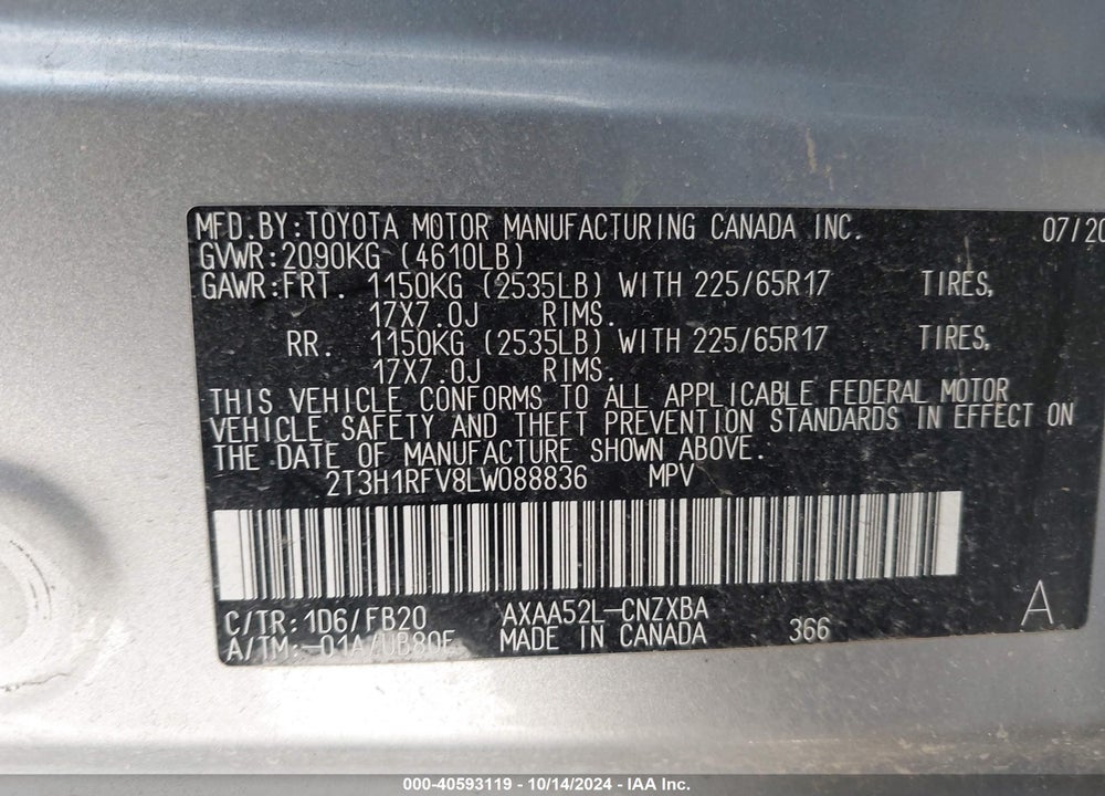 2020 TOYOTA RAV4 LE VIN: 2T3H1RFV8LW088836
