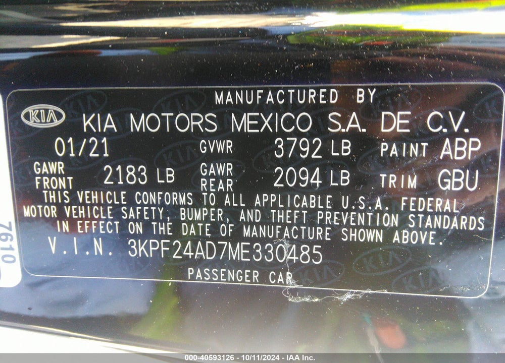 2021 KIA FORTE LXS VIN: 3KPF24AD7ME330485