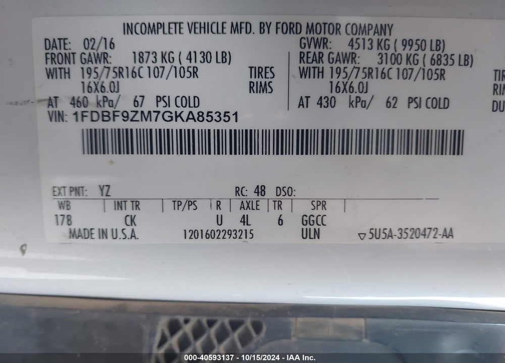 2016 FORD TRANSIT-350 CAB VIN: 1FDBF9ZM7GKA85351