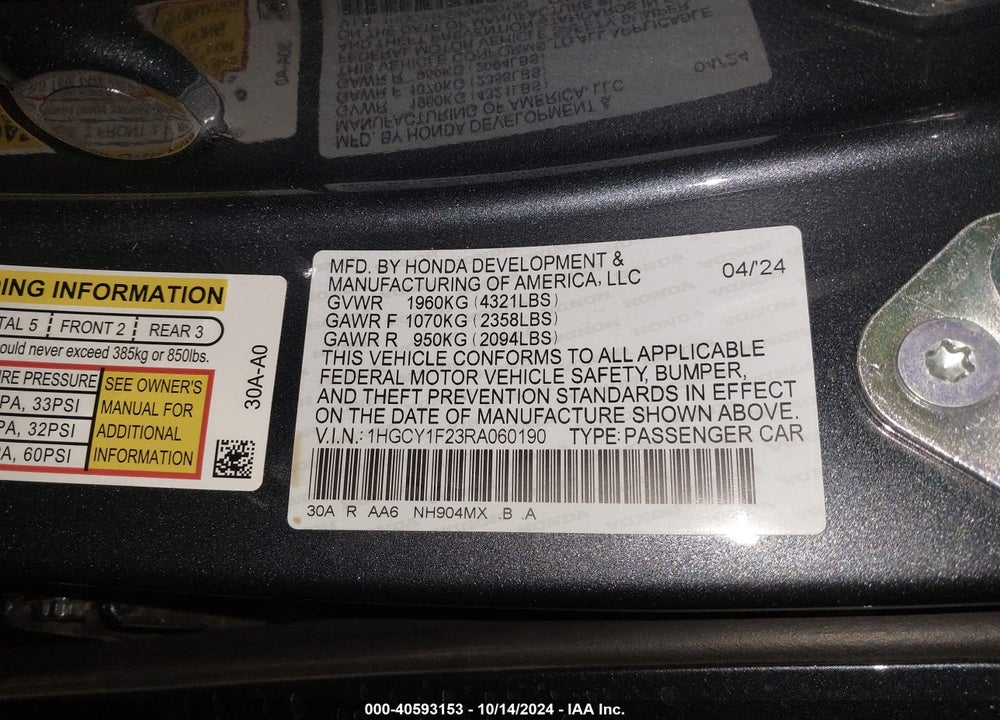 2024 HONDA ACCORD LX VIN: 1HGCY1F23RA060190