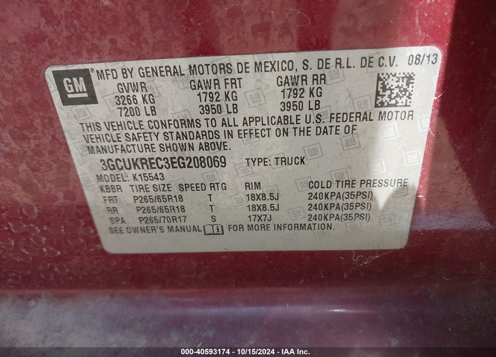 2014 CHEVROLET SILVERADO 1500 2LT VIN: 3GCUKREC3EG208069