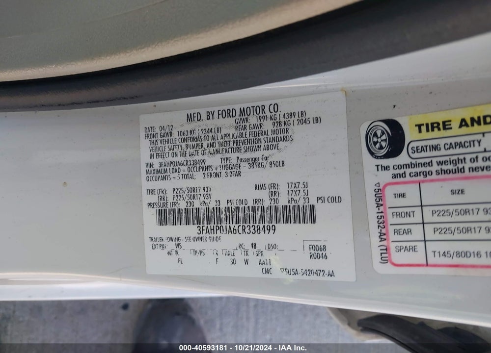 2012 FORD FUSION SEL VIN: 3FAHP0JA6CR338499