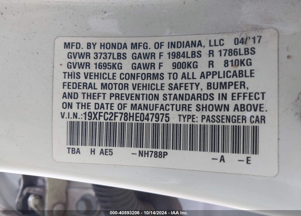 2017 HONDA CIVIC EX VIN: 19XFC2F78HE047975