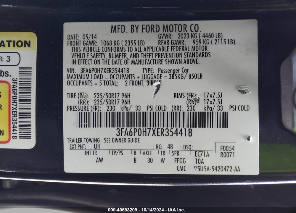 2014 FORD FUSION SE VIN: 3FA6P0H7XER354418