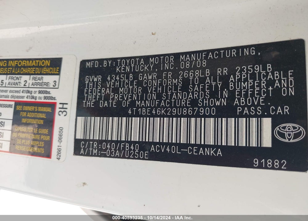 2009 TOYOTA CAMRY LE VIN: 4T1BE46K29U867900