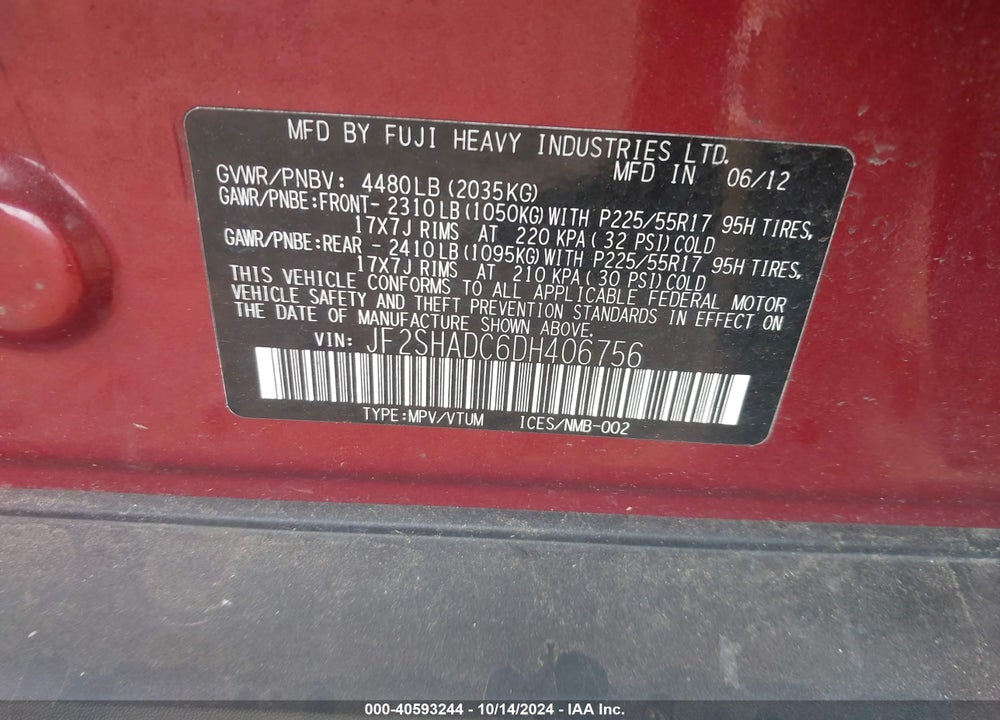 2013 SUBARU FORESTER VIN: JF2SHADC6DH406756