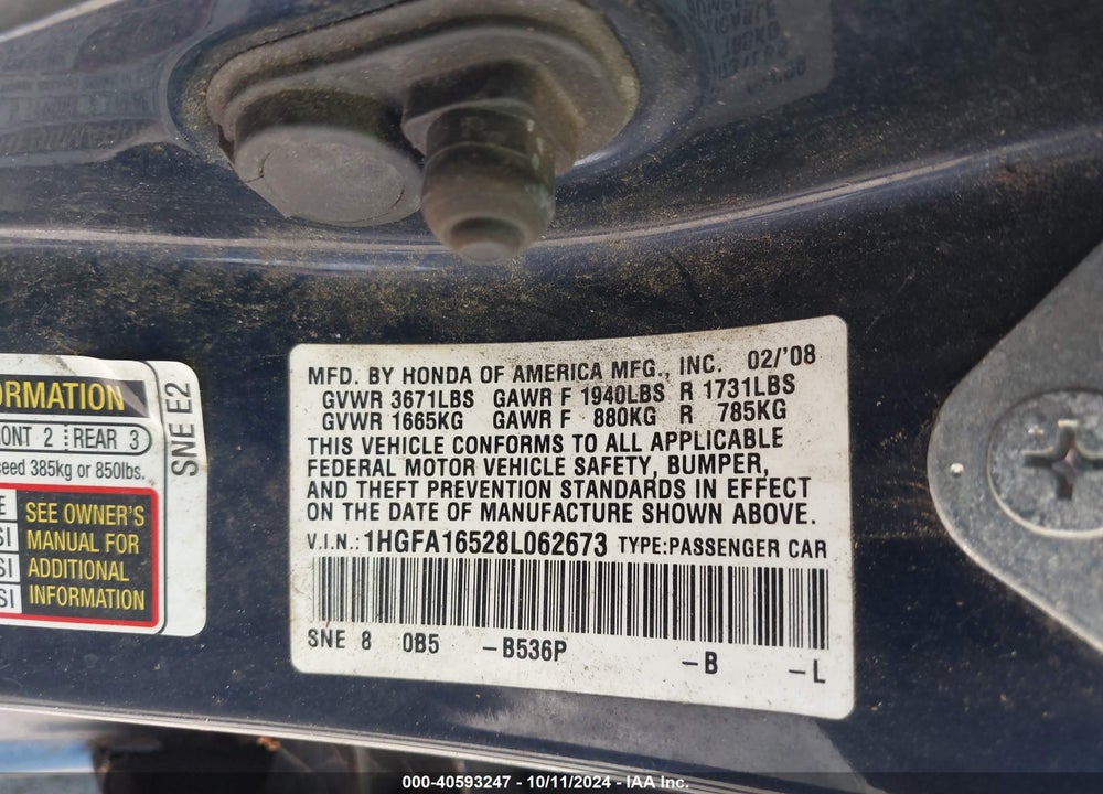 2008 HONDA CIVIC LX VIN: 1HGFA16528L062673
