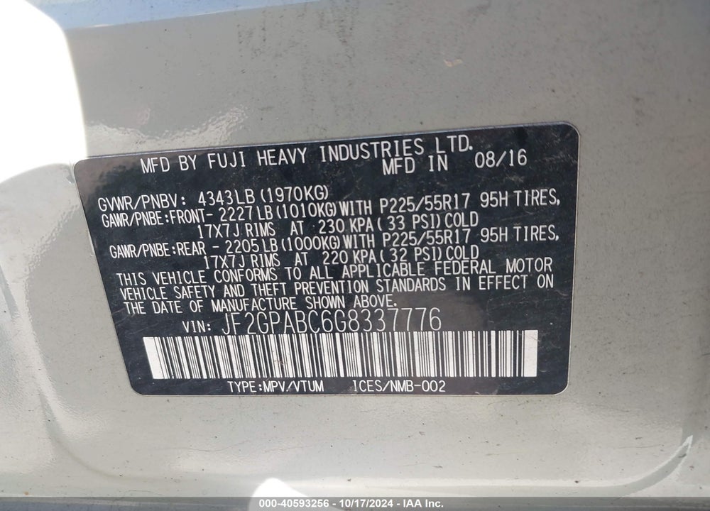 2016 SUBARU CROSSTREK 2.0I PREMIUM VIN: JF2GPABC6G8337776