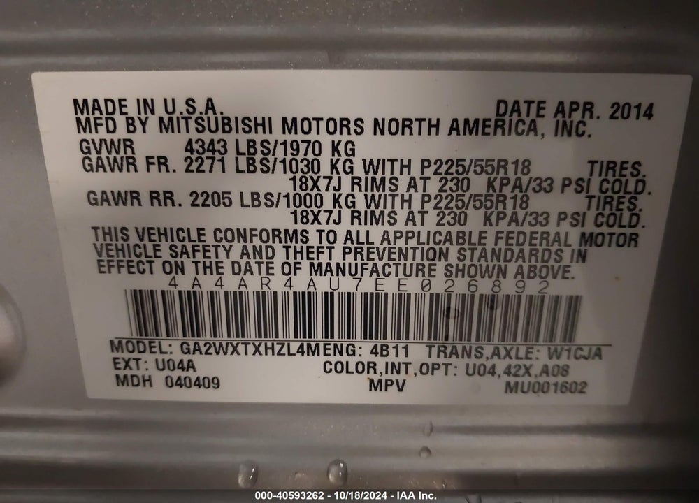 2014 MITSUBISHI OUTLANDER SPORT SE VIN: 4A4AR4AU7EE026892