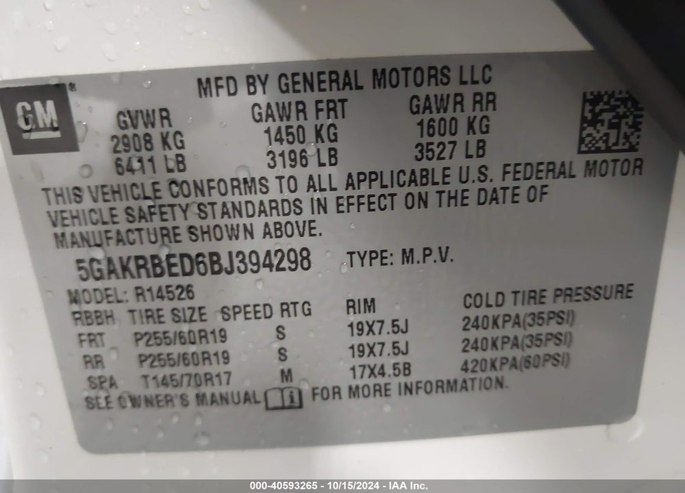 2011 BUICK ENCLAVE 1XL VIN: 5GAKRBED6BJ394298