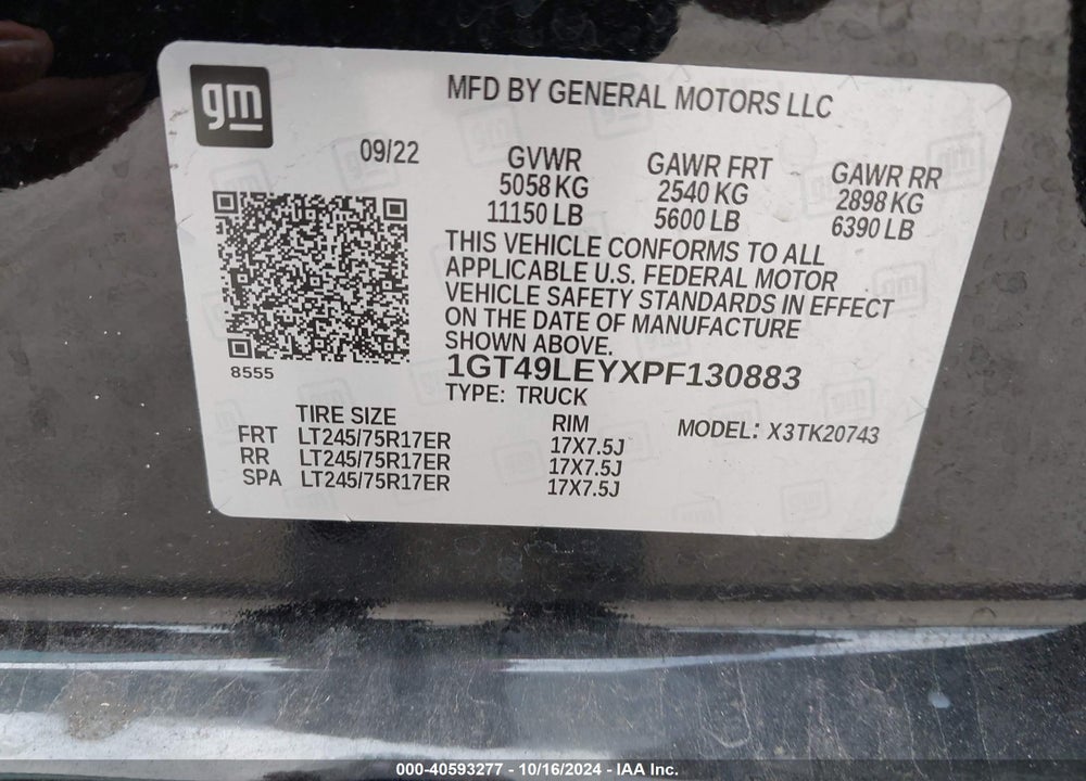 2023 GMC SIERRA 2500HD 4WD  STANDARD BED PRO VIN: 1GT49LEYXPF130883