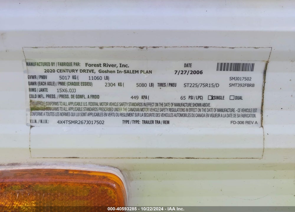 2007 SALEM TRAVEL TRLR VIN: 4X4TSMR267J017502