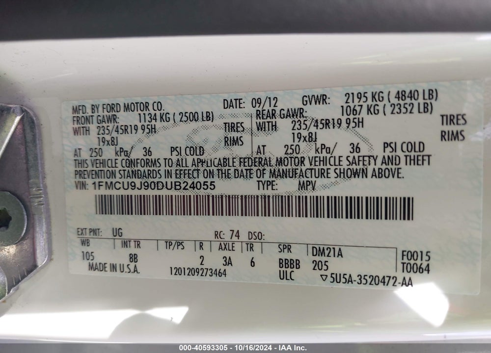 2013 FORD ESCAPE TITANIUM VIN: 1FMCU9J90DUB24055