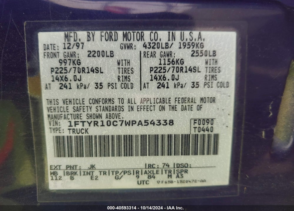 1998 FORD RANGER SPLASH/XL/XLT VIN: 1FTYR10C7WPA54338