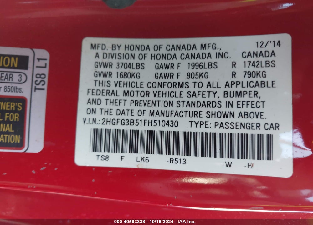 2015 HONDA CIVIC LX VIN: 2HGFG3B51FH510430