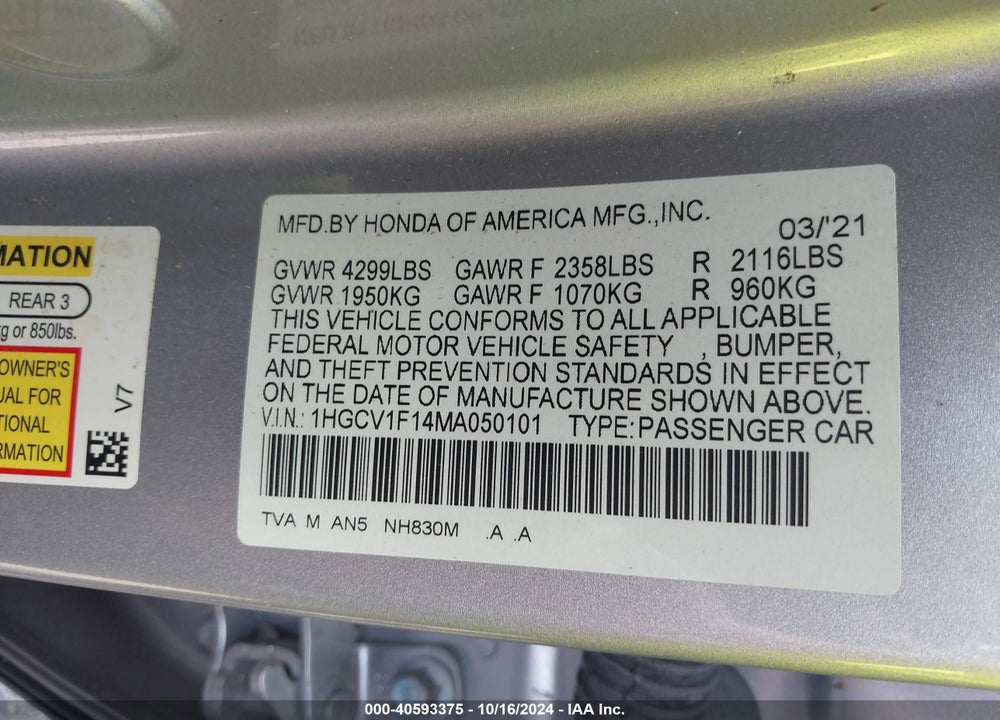 2021 HONDA ACCORD LX VIN: 1HGCV1F14MA050101