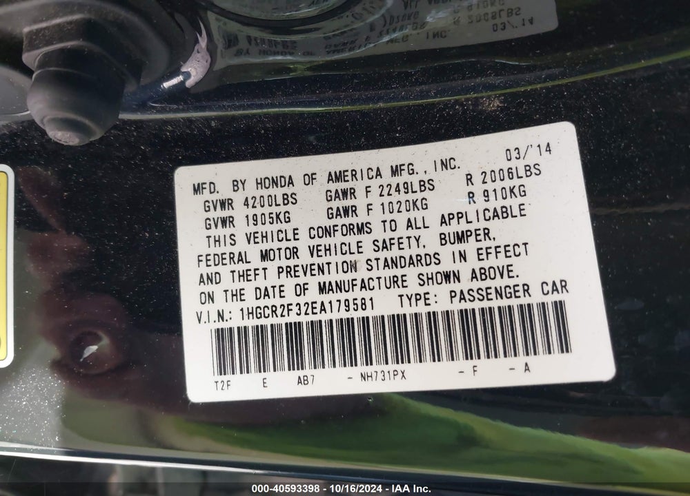 2014 HONDA ACCORD LX VIN: 1HGCR2F32EA179581