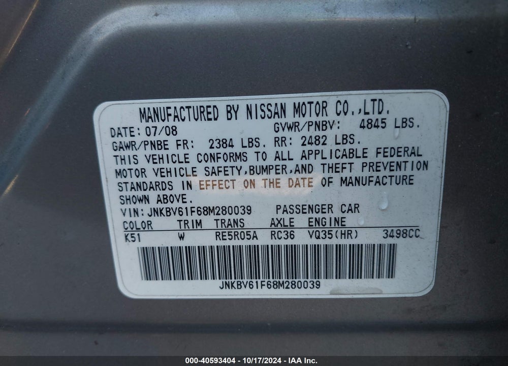 2008 INFINITI G35X VIN: JNKBV61F68M280039