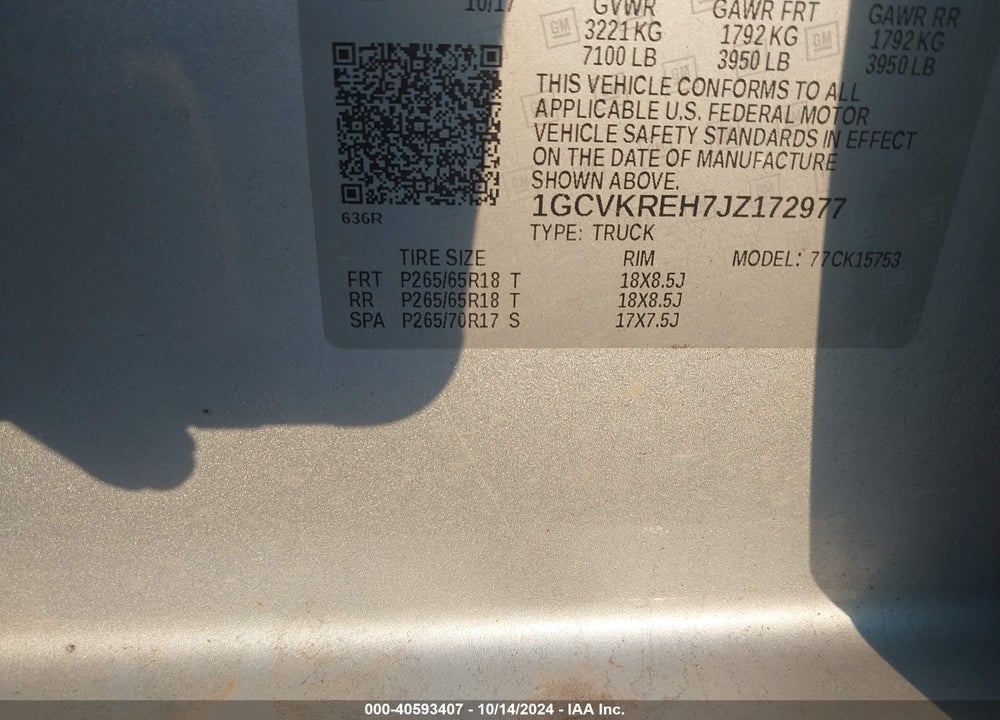 2018 CHEVROLET SILVERADO 1500 1LT VIN: 1GCVKREH7JZ172977