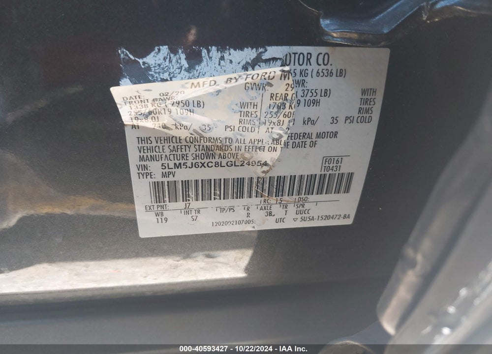 2020 LINCOLN AVIATOR STANDARD VIN: 5LM5J6XC8LGL24954