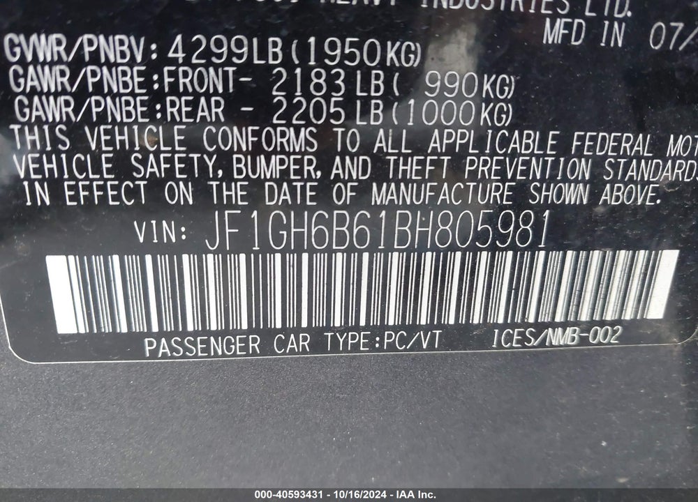 2011 SUBARU IMPREZA 2.5I PREMIUM VIN: JF1GH6B61BH805981