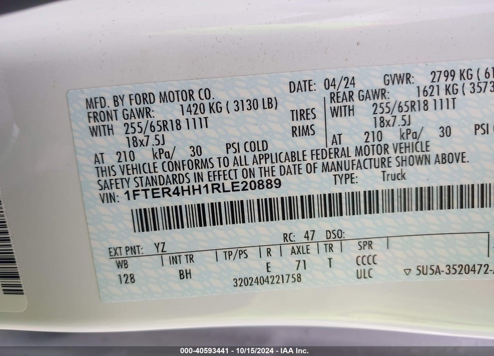 2024 FORD RANGER VIN: 1FTER4HH1RLE20889